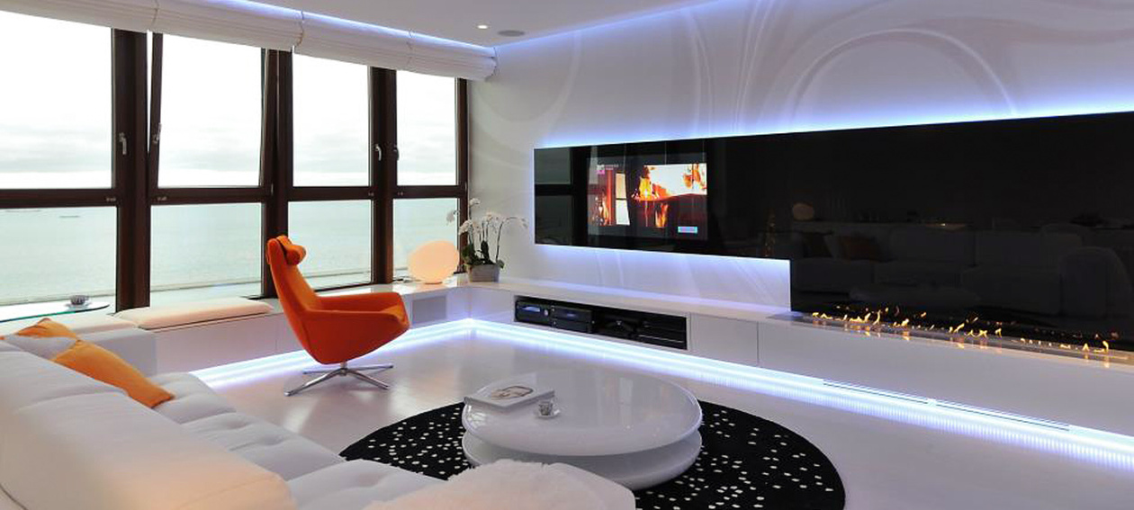 55.0‘‘ Glass TV for residential application, installed in a living room environment @ SEA TOWER - Gdynia in Poland.